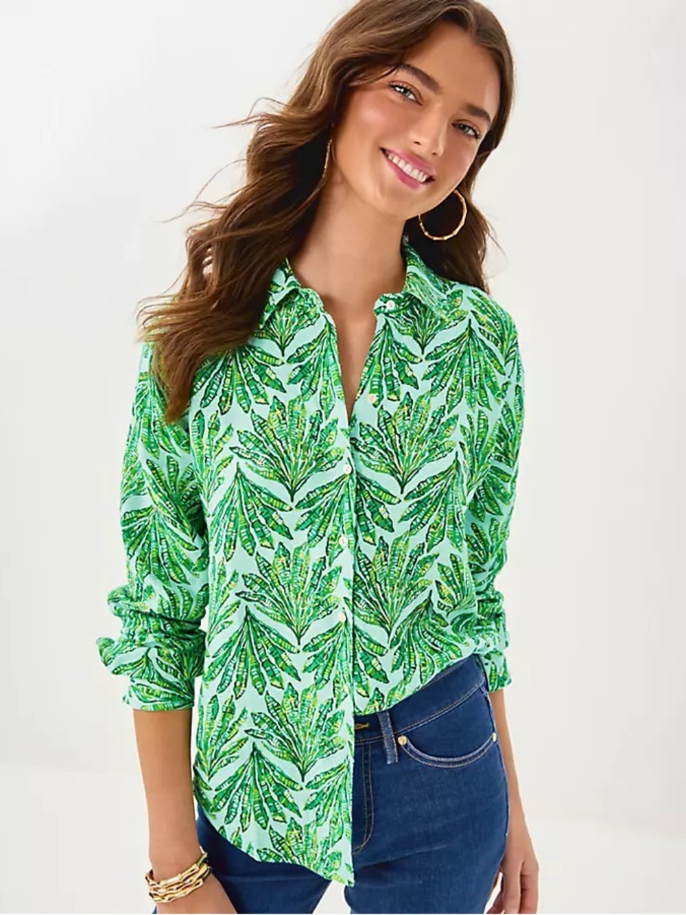Lilly Pulitzer Seacoast Linen Leaf-Print Button-Up Shirt - Picture 1 of 5